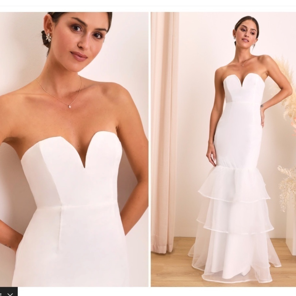 LULU's Bridal Wedding Chic Sexy Bustier Organza Tiered Ruffles Maxi Gown